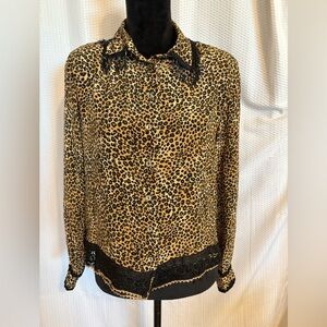 Allison Taylor 100% silk leopard print lace & beaded trim blouse size Medium